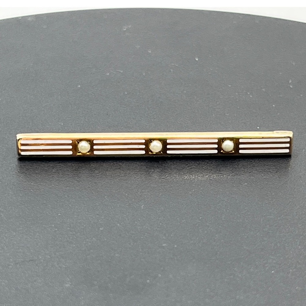 Antique Victorian 10k Yellow Gold
Seed Pearl‎ Stripe White Enamel Bar
Brooch Pin